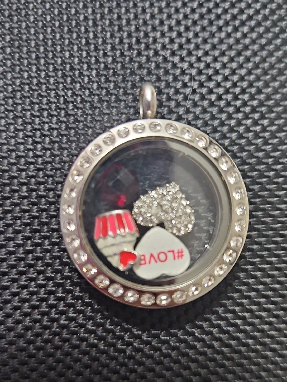 Rhinestone Silver Locket Charm with Red & White Accents
